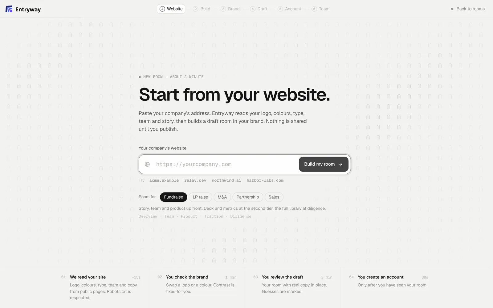 Entryway's first screen: paste your company's website and choose what the room is for.